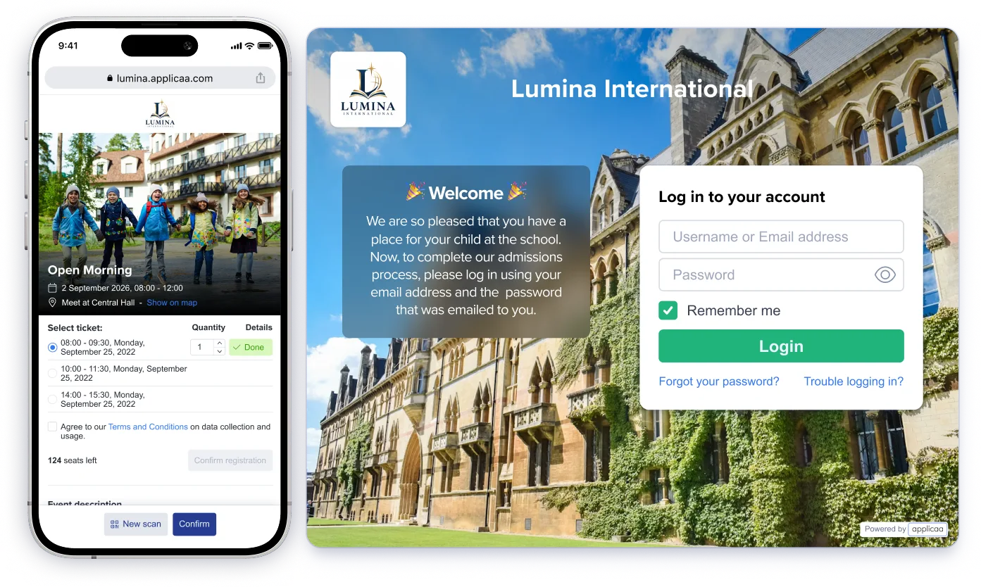A school's branded landing page with a login form, and an open-morning registration form on a phone
